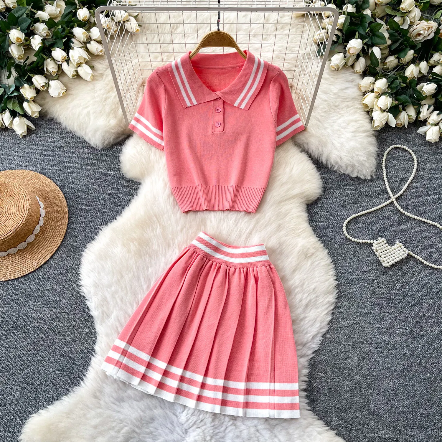 

Women Two Piece Sets Skirt Set Knit Polo Neck Tops Short Skirts A Line High Waist Pleated Y2k Streetwear Elegant Work Slim Fit