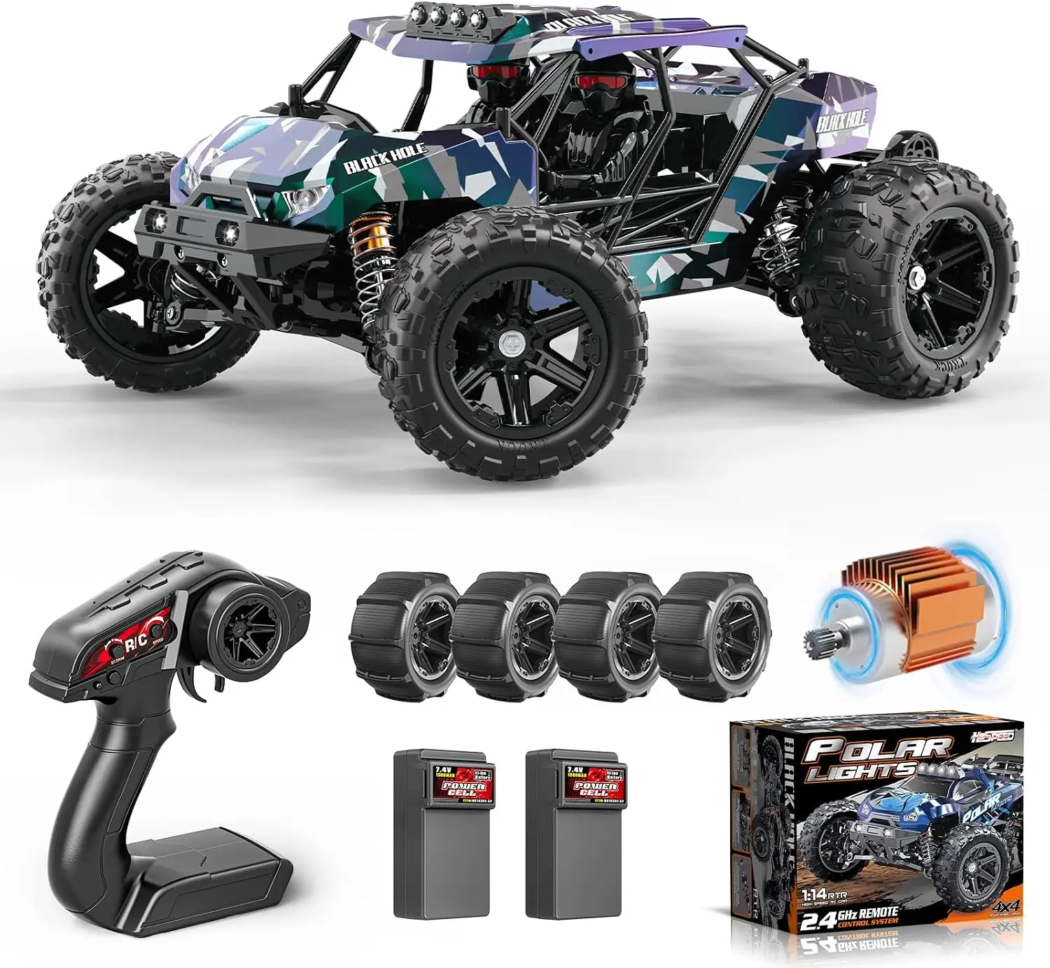 RC Cars for Adults and Boys: 1:14 Scale Desert 4WD Off-Road RC Truck, 40 km/h High-Speed 4x4 Remote Control Car Including Two 1300mAh Rechargeable Batteries and Two Sets of Tires