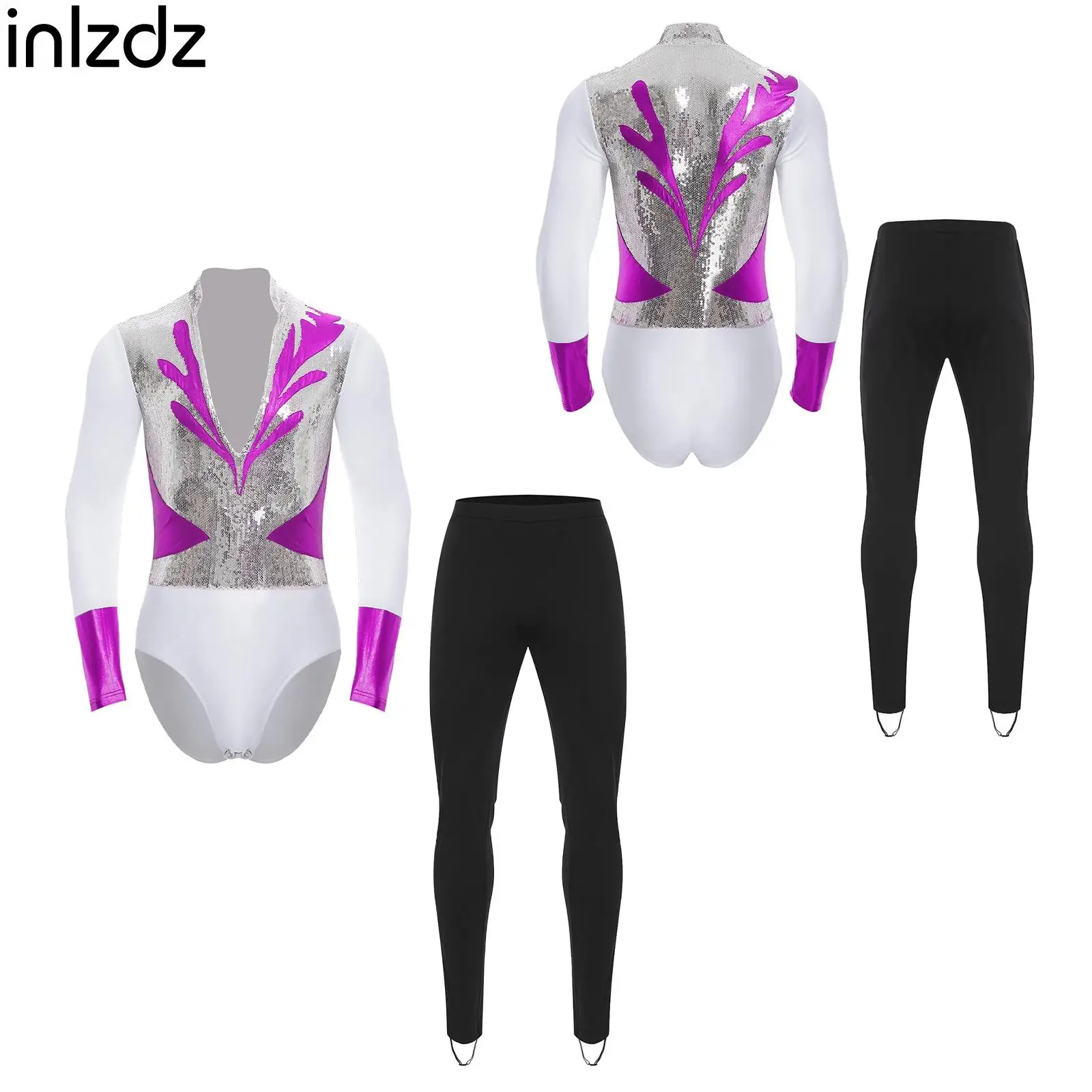 

Mens Sequin Ballet Latin Dance Outfit Metallic Shiny Long Sleeve Bodysuit Long Pants Suit for Performance Skating Dance Clothes