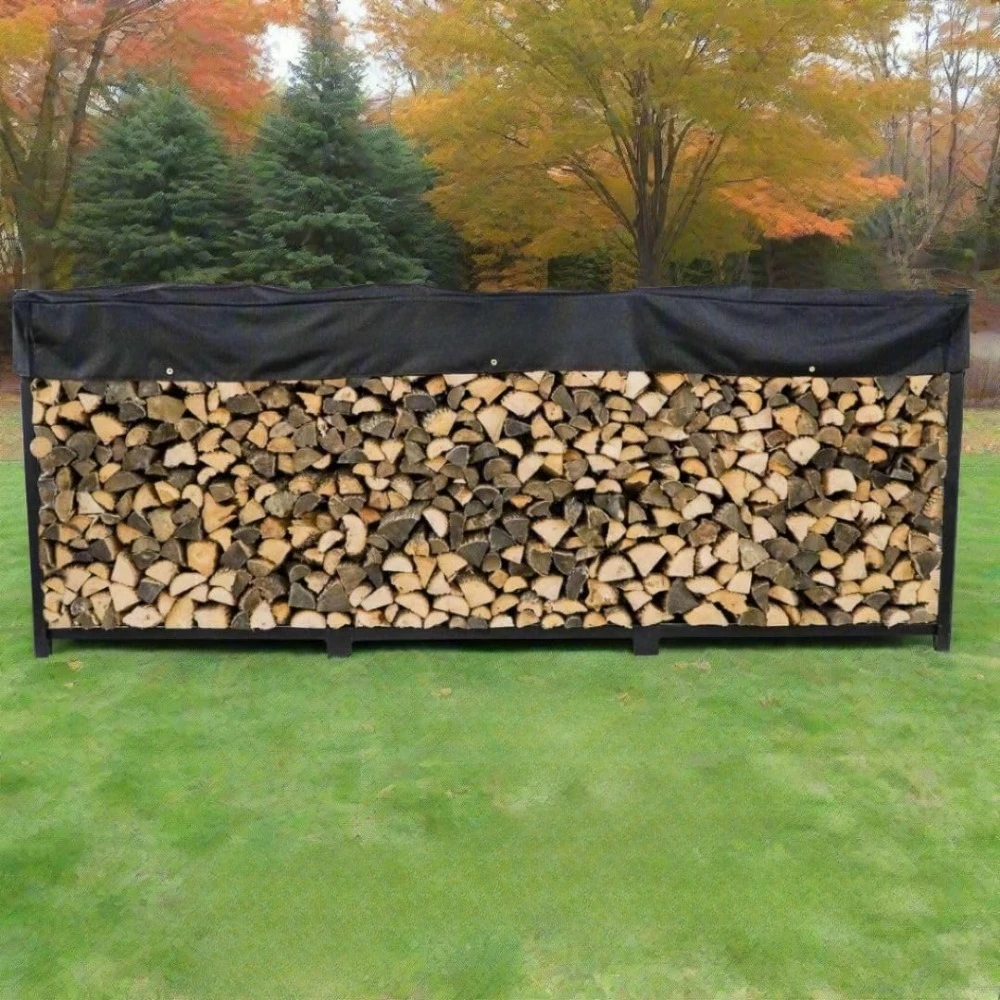 

12 Foot 3/4 Cord Black Outdoor Wood Rack - Optional Cover - Heavy Duty Metal Log Rack - Black Powder Coat Finish