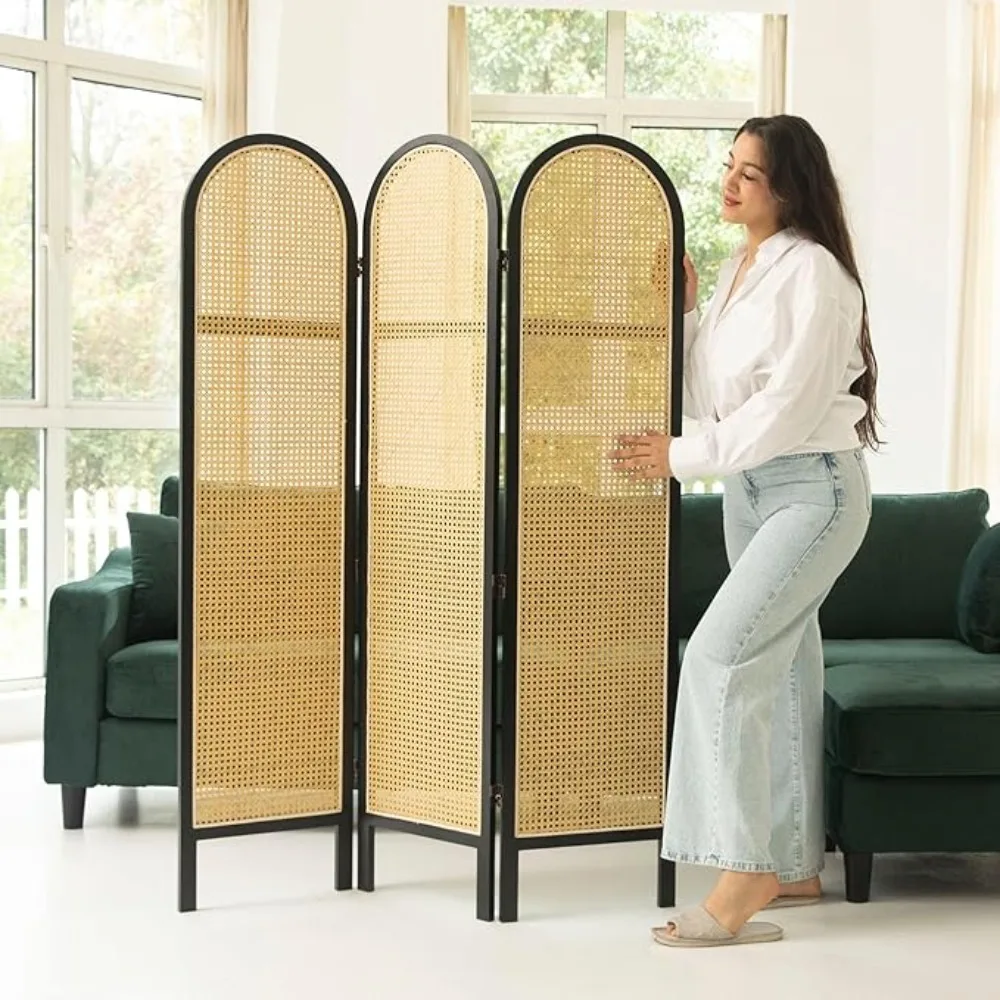 Room Dividers and Folding Privacy Screens, 5.6 Ft Double Hinged Rattan Partition Freestanding Wall Room Divider for Home - 3 Pan