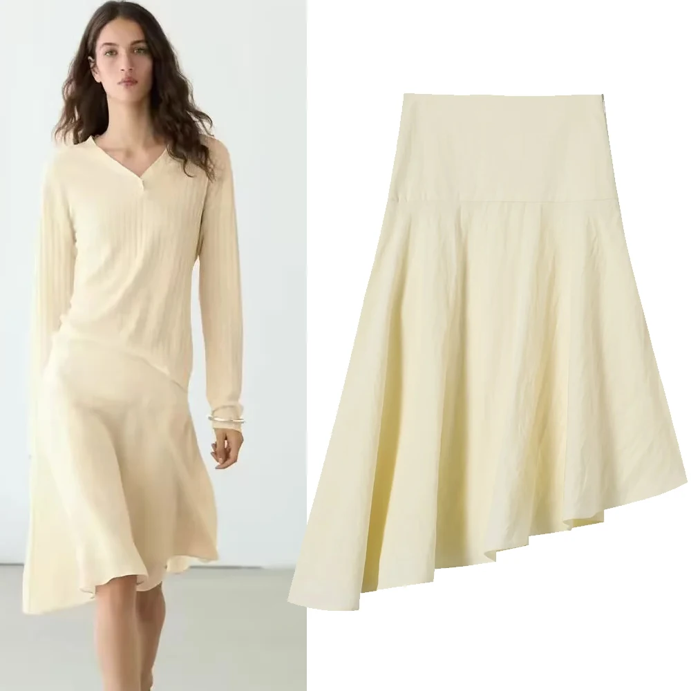 High Waist A-Line  Skirt for Women Commute Workwear Asymmetrical Pleated Midi Skirt Simple Beige Spring 2026 Fashion