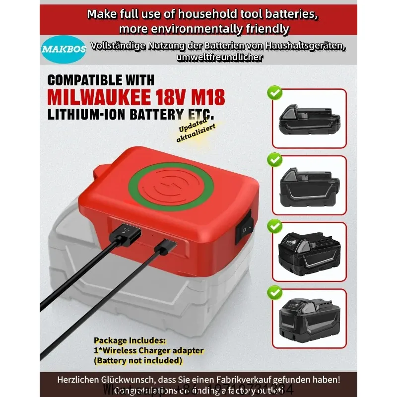 Cordless Phone Charger Adapter with USB and Type-C Charging Port for Milwaukee 18V M18 Battery for Camping Travel Outdoor Work