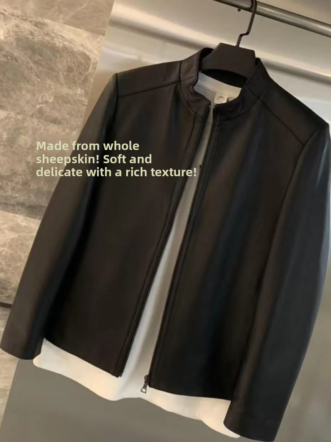 

Morear Men's Genuine eepskin Leather Jaet Stand Collar Outerwear Coat Autumn Winter Stand Fit Long Sve Zipper