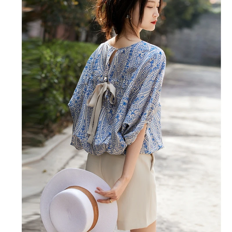 

Fashion Lacing Printing Loose Tops Summer New Short Sleeve O-neck Bow Patchwork Office Shirts Elegant Vintage Women Clothing