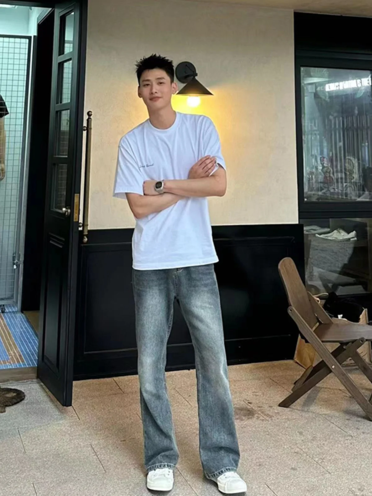 

American Retro Blue Jeans Men's Summer CleanFit Washed Micro Flare Pants High Street Cool OOTD Matching Pants Straight Leg Jeans