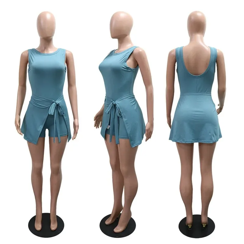 

Women 2025 Summer New Sleeveless O Neck Bodycon Casual Playsuits with Lace Up Skirts Sexy Slim 2 Piece Rompers Jumpsuits Ladies