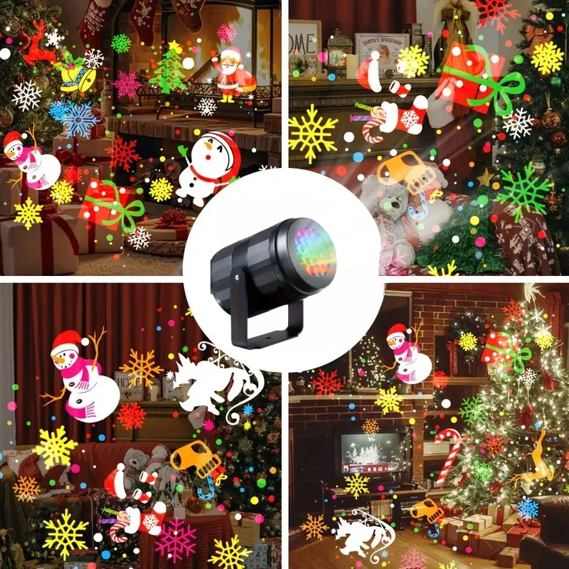 新しいクリスマスプロジェクターライト、16種類のパターン、回転式クリスマスデコレーション、屋外ホリデーLED投影ランプ、雪の結晶レーザーライト
