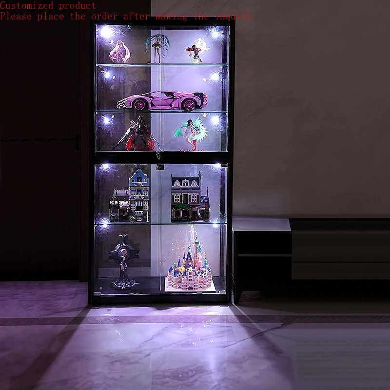 

Custom.Full Vision Aluminum Glass Tall Shop Display Cabinet Toy Figurine Display Showcase With Adjustable Glass Shelves and LED