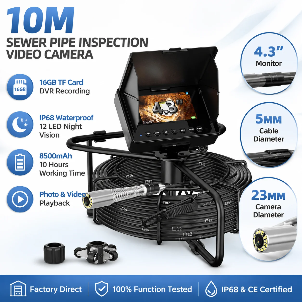 10M Sewer Pipe Inspection Camera 23mm 16GB DVR IP68 4.3