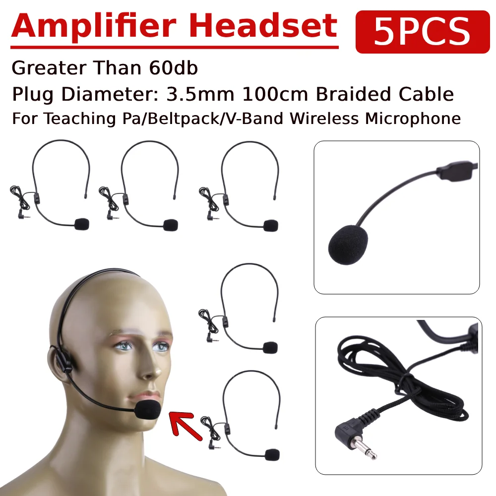 5PCS 3.5mm Plug Headset Mic Head-mounted Wired Headset Microphone Voice Amplifier Lightweight Over Head for Teaching Meeting
