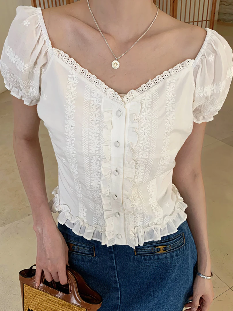 

Хлопковая рубашка Ele ort Sve с дизайном Saint Heart, универсальная, во французском стиле, приталенная, с рукавами-фонариками, V-образным вырезом, однотонная, на пуговицах