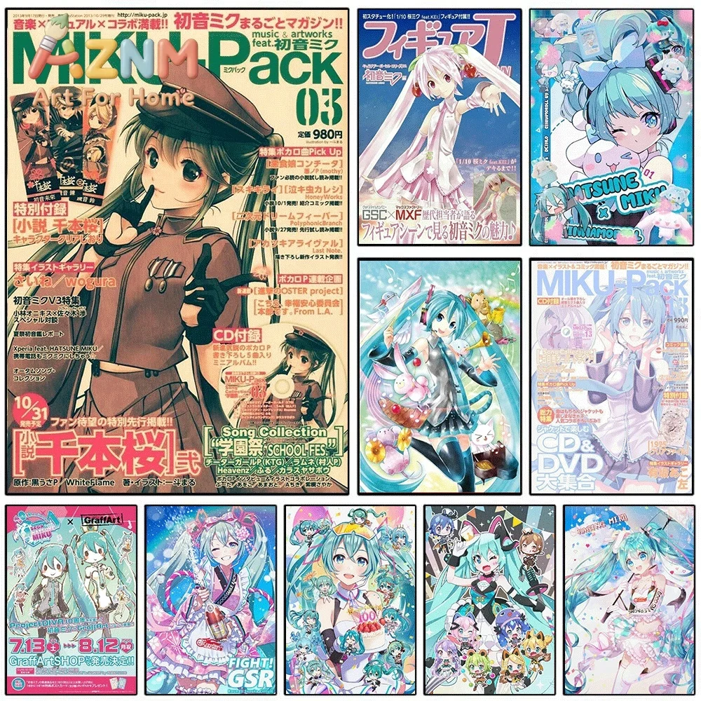 Hatsune Miku Vintage Magazine Cover Canvas Painting Frameless Wall Art Print Poster Home Bedroom Living Room Anime Wall Decor