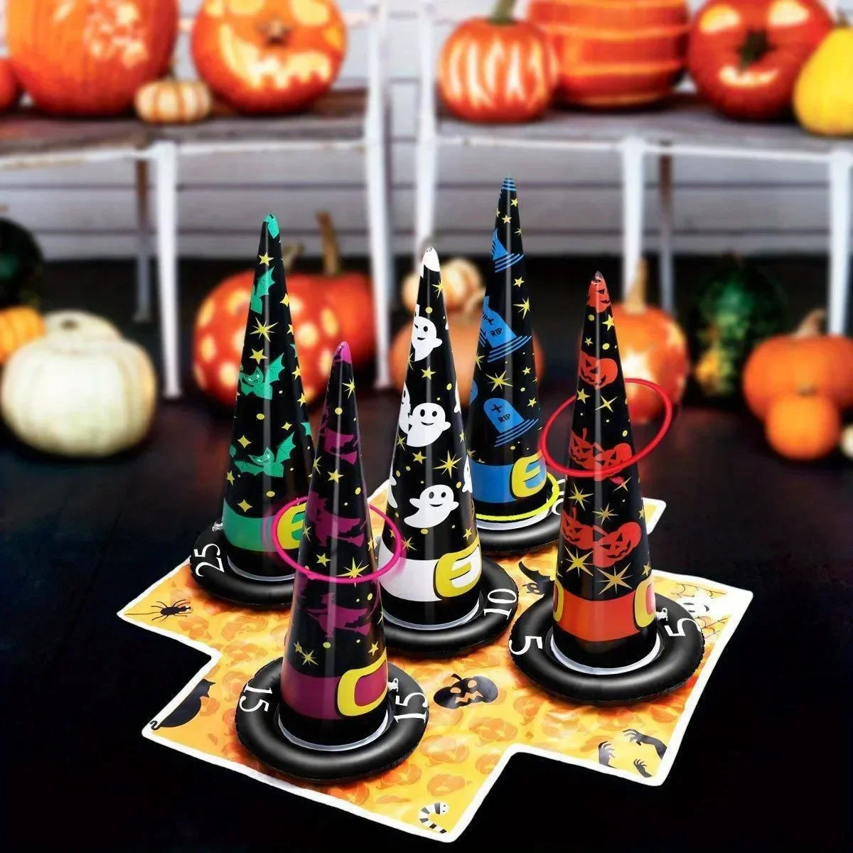 1-10Sets Halloween PVC Inflatable Witch Hat Ring Toss Toy Outdoor Indoor Interactive Inflatable Ice Cream Cone for Kids