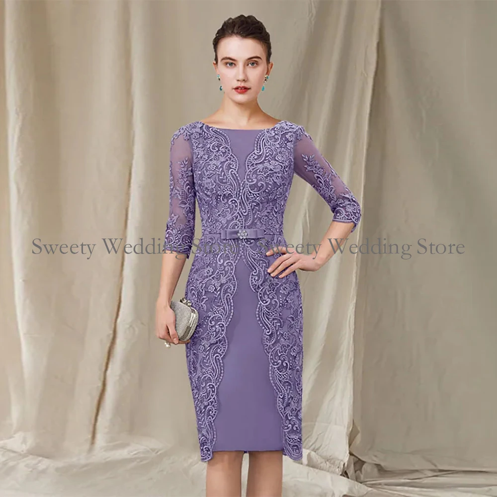 Lavender Short Mother of The Bride Dress Customized Scoop Half Sleevs Lace Knee Length Wedding Guest Gown Groom   Suits