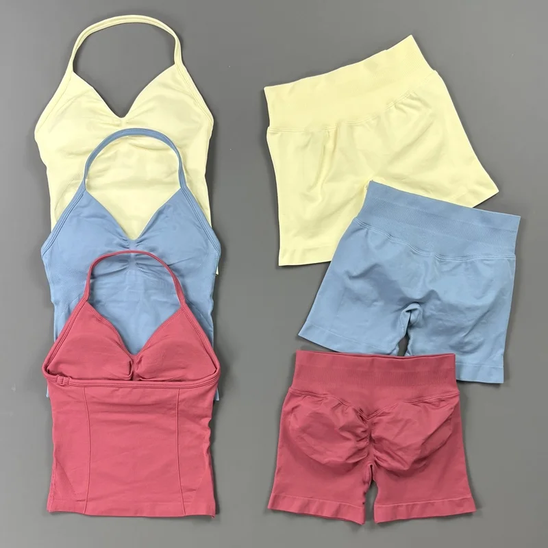 Conjunto de Shorts de Ginástica HITELLO para Mulheres, Top Sem Costura com Alças Longas e Shorts de Treino com Efeito Scrunch Butt, Conjunto de Fitness em Duas Peças