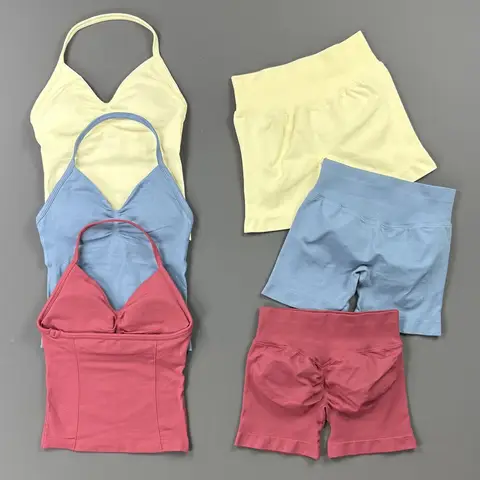 HITELLO Gym Shorts Set Women Seamless Yoga Longline Strappy Top Scrunch Butt Workout Shorts Set Fitness Two Piece Sports Suit
