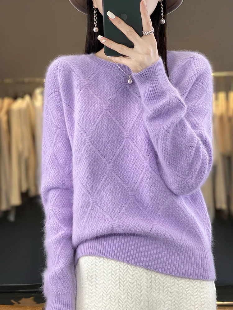 2024 New Women 100% Mink Cashmere  Sweaters Long Sleeve O-Neck Pullovers Autumn Winter Thick Soft Warm Knitwear Female Clothing