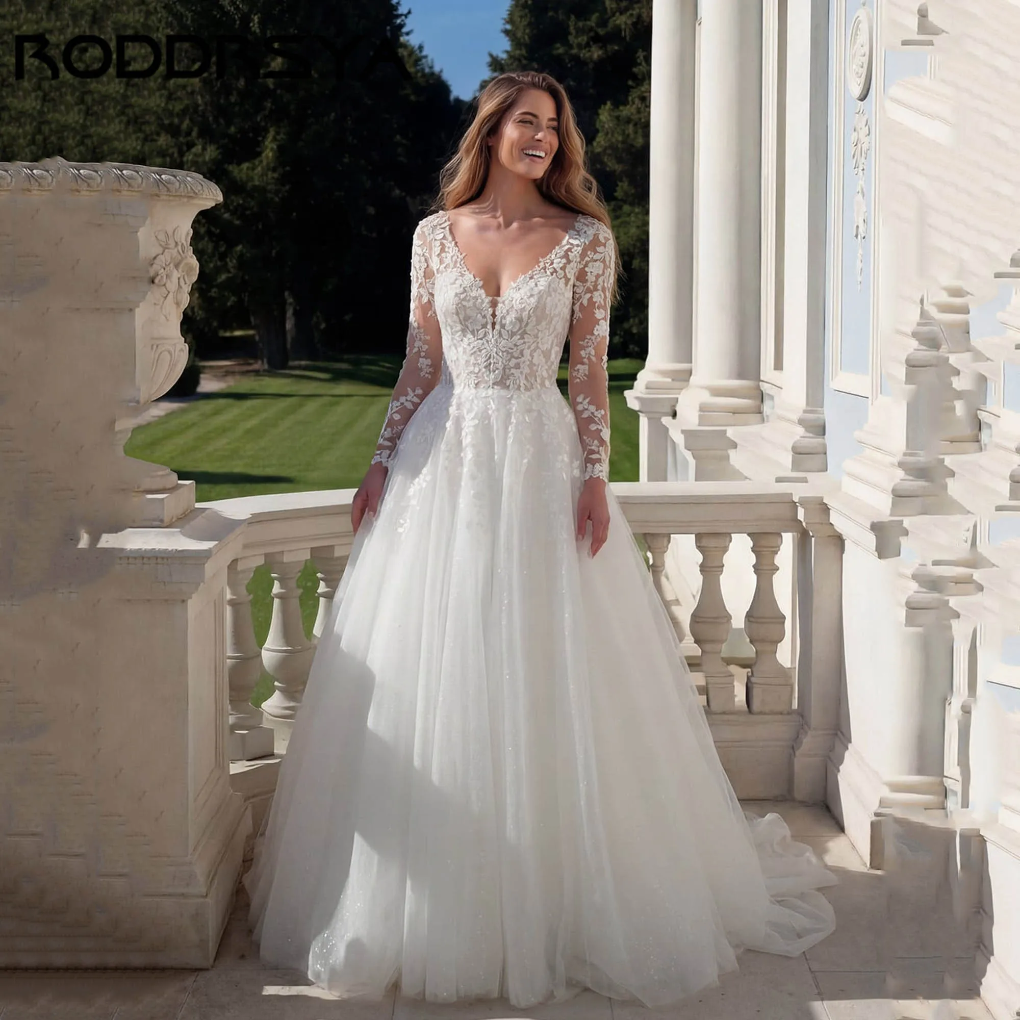 

RODDRSY Long Sheer Sleeve Wedding Dress Elegant V-neck V-back Appliques Bride Gown Shinny Tulle A-line robe de mariée Customized