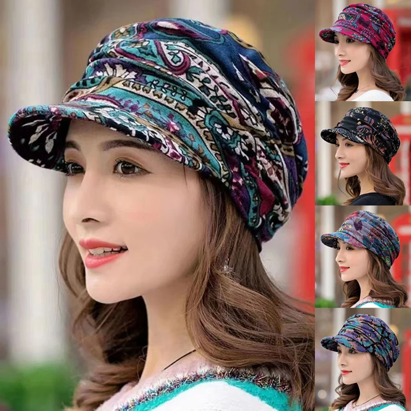 Fashion Short Wide Brim Floral Print Earflap Hat Ethnic Windproof Foldable Warm Women Autumn Winter Outdoor Daily Cap Free Size