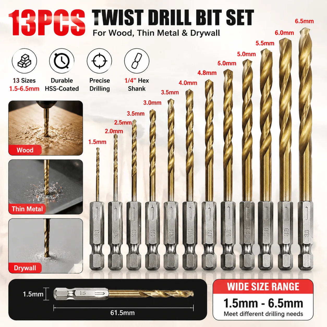 

Quality 13Pcs 1/4 Hex Shank 1.5-6.5mm Drill Bits HSS High Speed Steel Titanium Coated Drill Bit Set Power Tools Accessories
