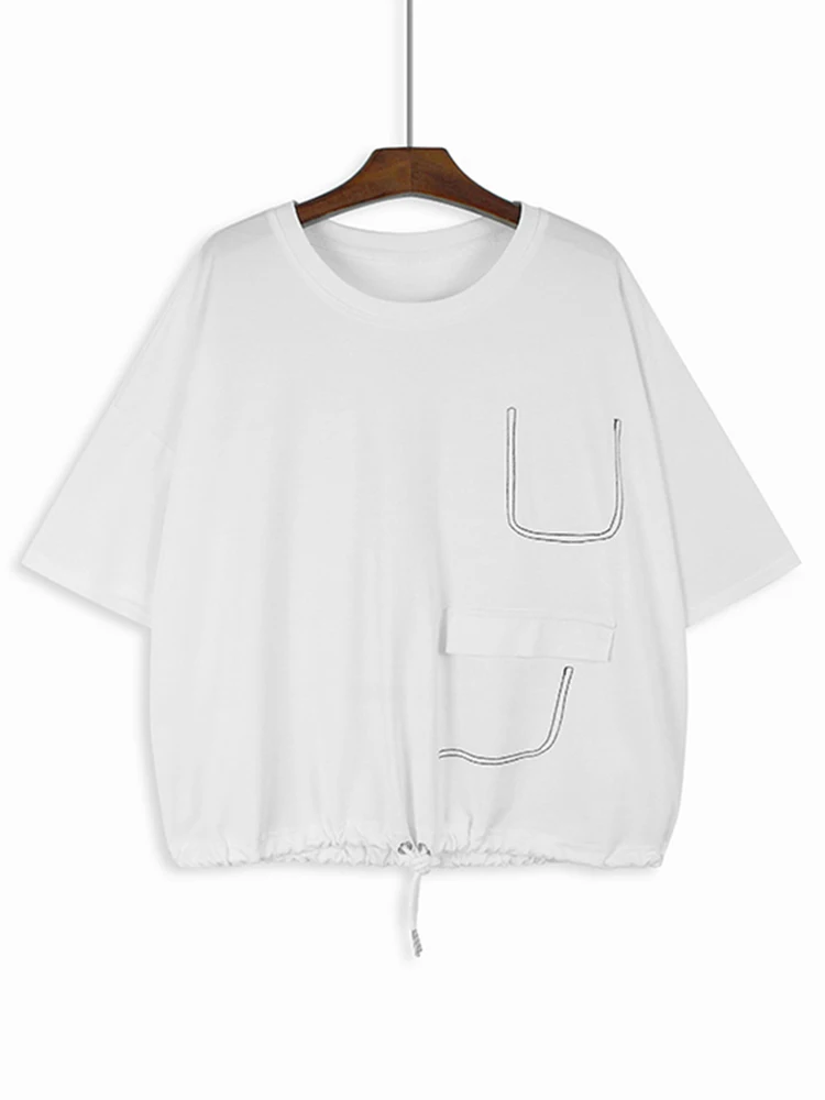 XITAO Loose O-neck T-shirts Fashion Drawstring Hem Women Summer New Casual All-match Simplicity Patchwork Top WLD20151