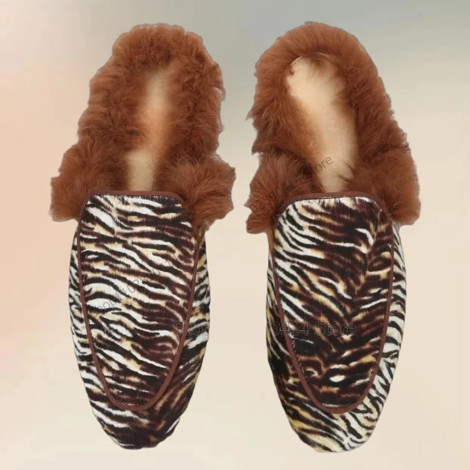 Brown White Zebra Print Fur Decor Men Slippers Fashion Slip On Men Shoes Luxury Handmade Party Banquet Office Men Casual Shoes