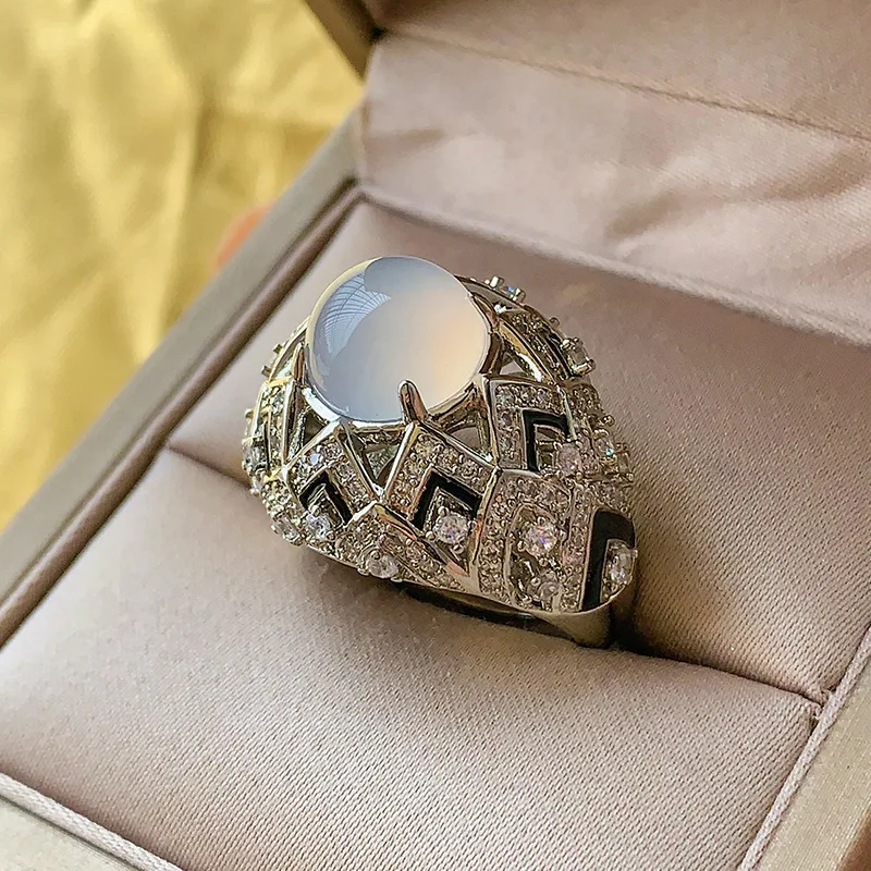 فاخر كامل الماس مزاجه يوان الشكل الملكي الأزرق الأحمر اكسيد الالمونيوم الزركون الأخضر العقيق الدائري الصقيل حلقة مفتوحة للنساء #4