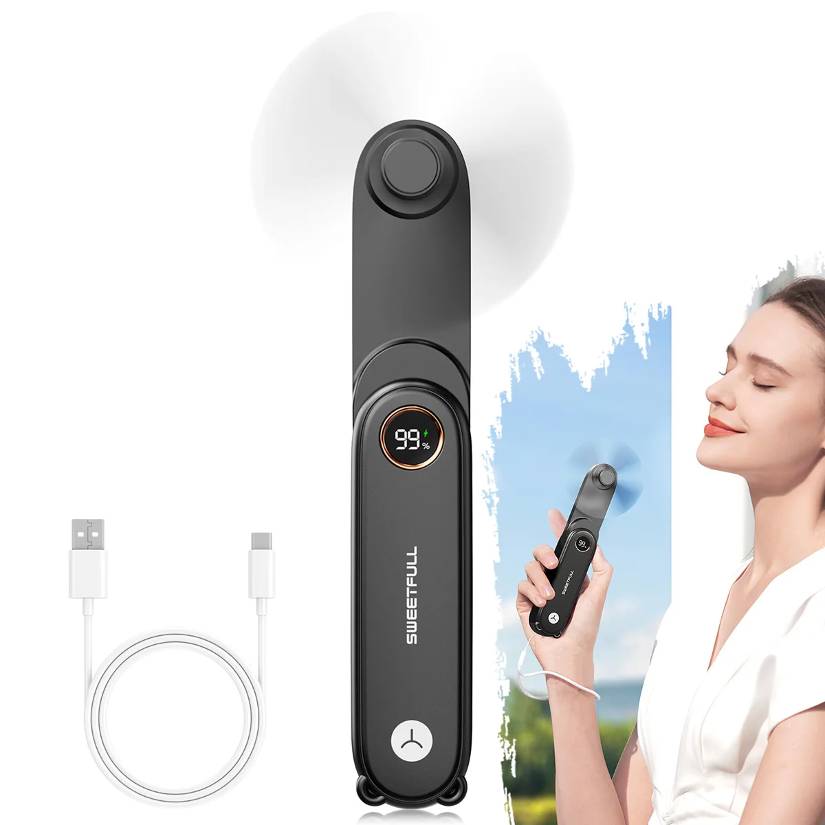 Mini USB Rechargeable Foldable Handheld Fan LED Display 1500mAh 2-Speed Adjustable Portable Fan For  Outdoor Household Carrying