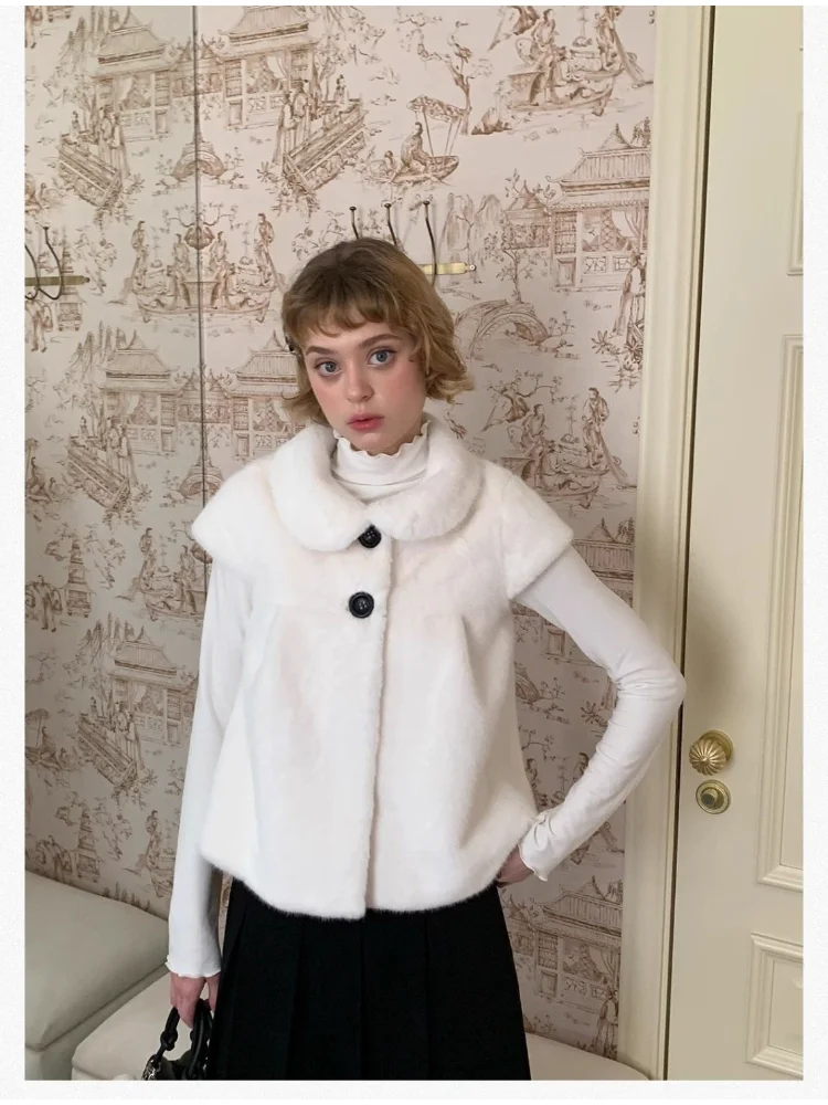 2025 Autumn Winter Furry Vest Jackets Peter Pan Collar Short Sleeve Waistcoats Ropa Mujer Warm Fashion Loose Tanks Sweet Tops