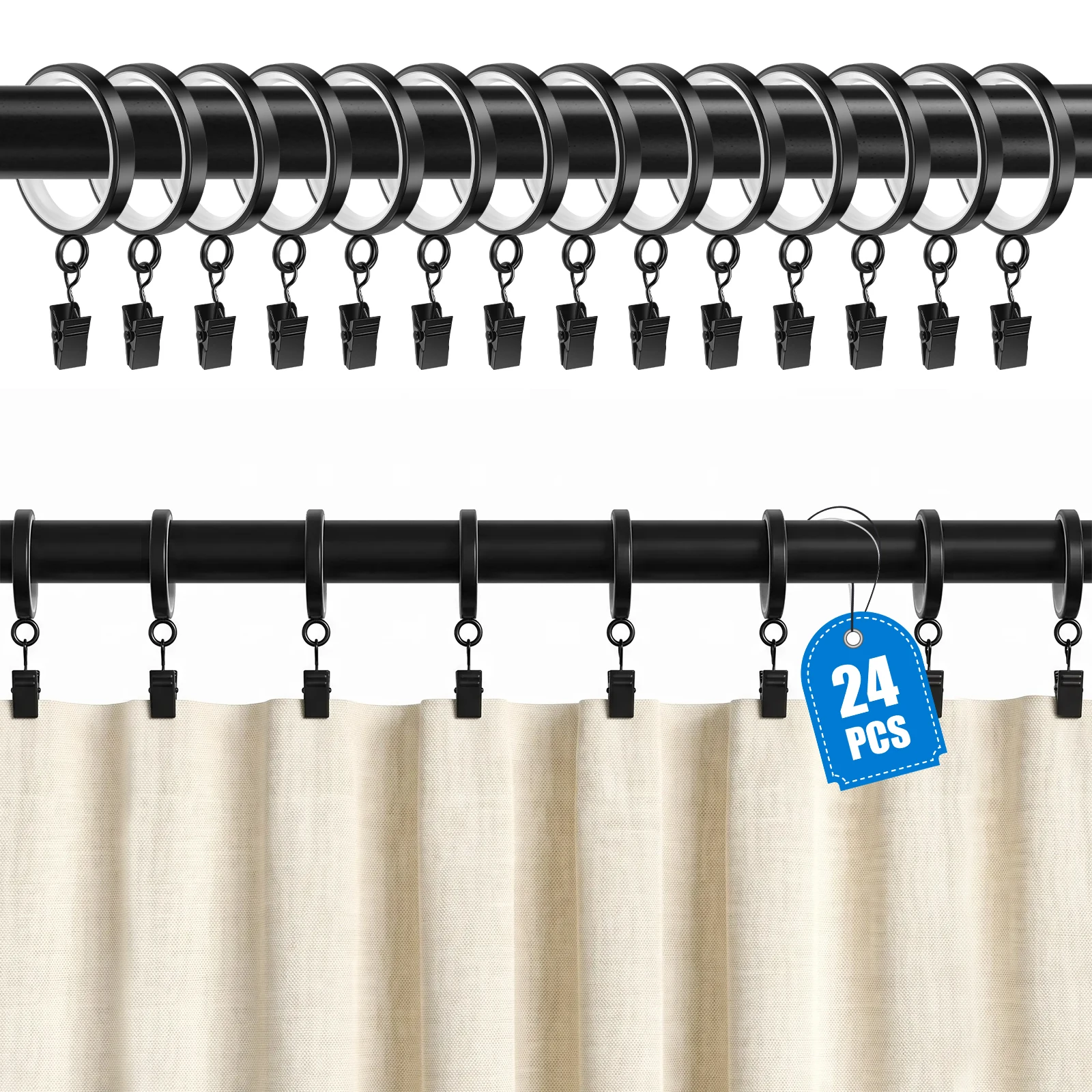 24Pcs Quiet Glide Curtain Rings with Clips Rust-proof Heavy Duty Clip Rings Scratch Safe Rod Protection for Home Bathroom Window