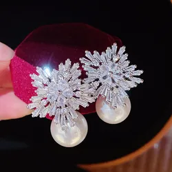 Luxury Sparkling Austrian Cubic Zirconia Snow Flower Earrings for Women Imitation Pearl Drop Earring Bridal Wedding Jewelry Gift