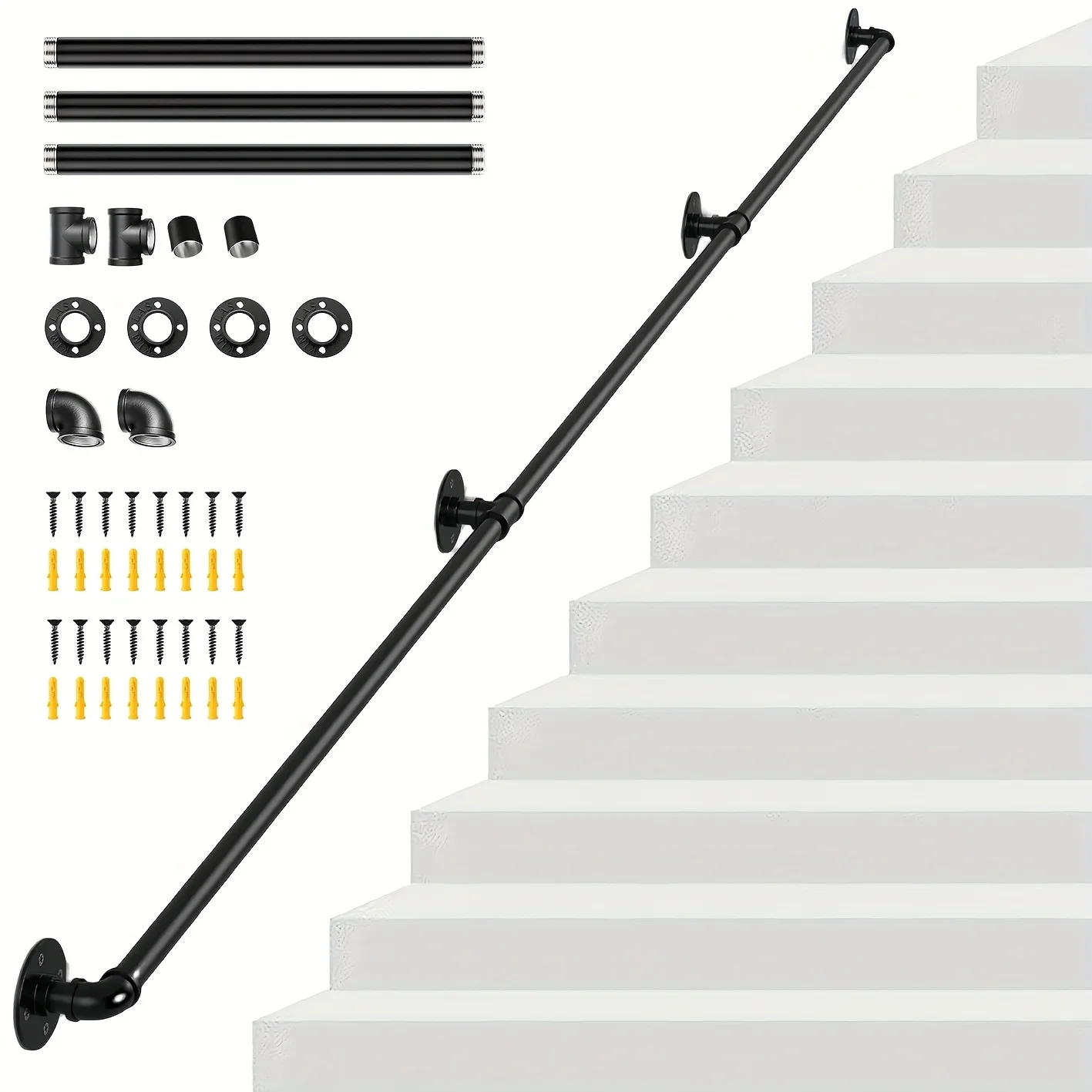 10 Foot Black Galvanized Industrial Iron Pipe Handrail, Suitable for Indoor and Outdoor Wall Installation, Safety Assistance
