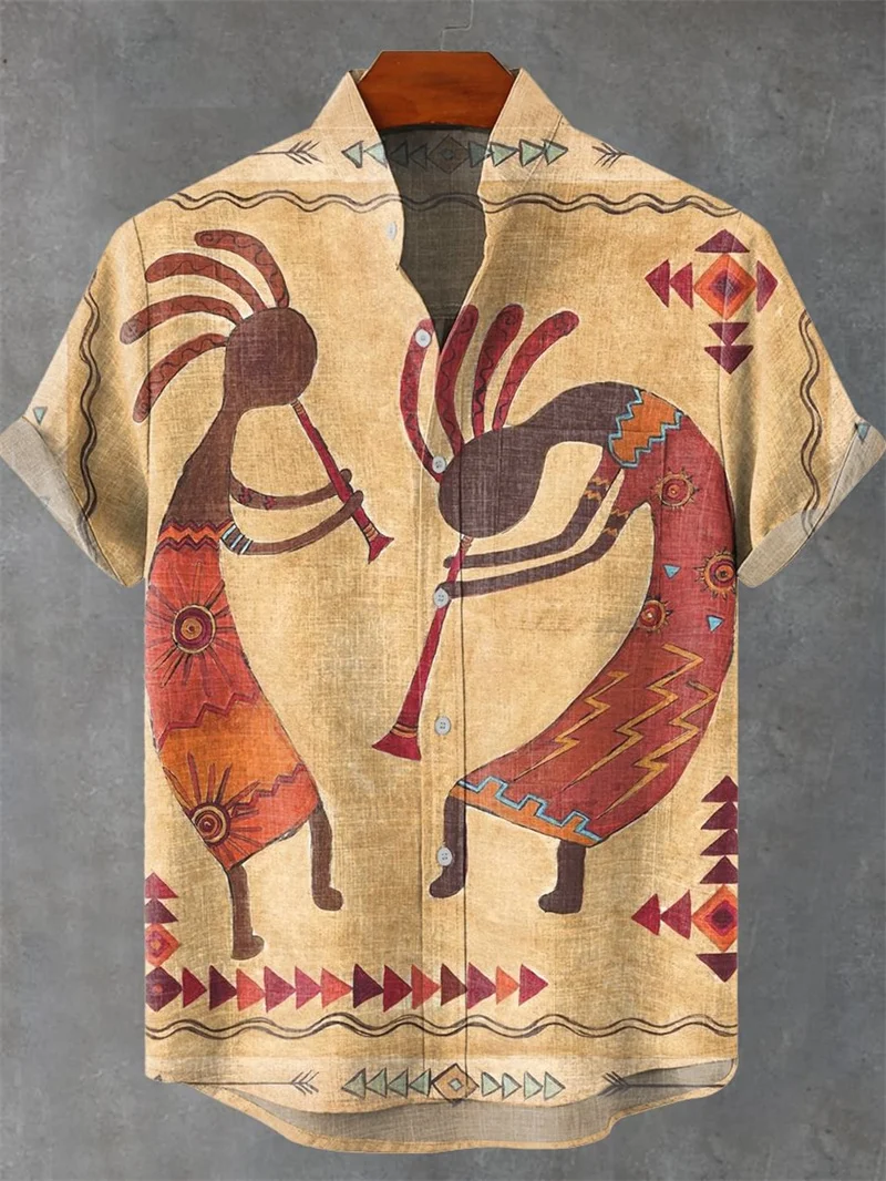 

New Men's Short Sleeve Vintage Art Shirt Abstract Geometry Vintage Printed Linen Short Sleeve Casual Shirt Men's Clothing