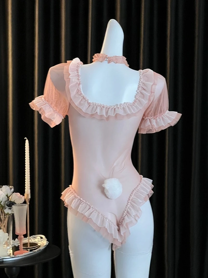 Bunny Girl Lingerie Set with Bow and Lace Trim,Sexy One-piece Pure Desire Outfit for Women,Romantic Cosplay Costume,Playful
