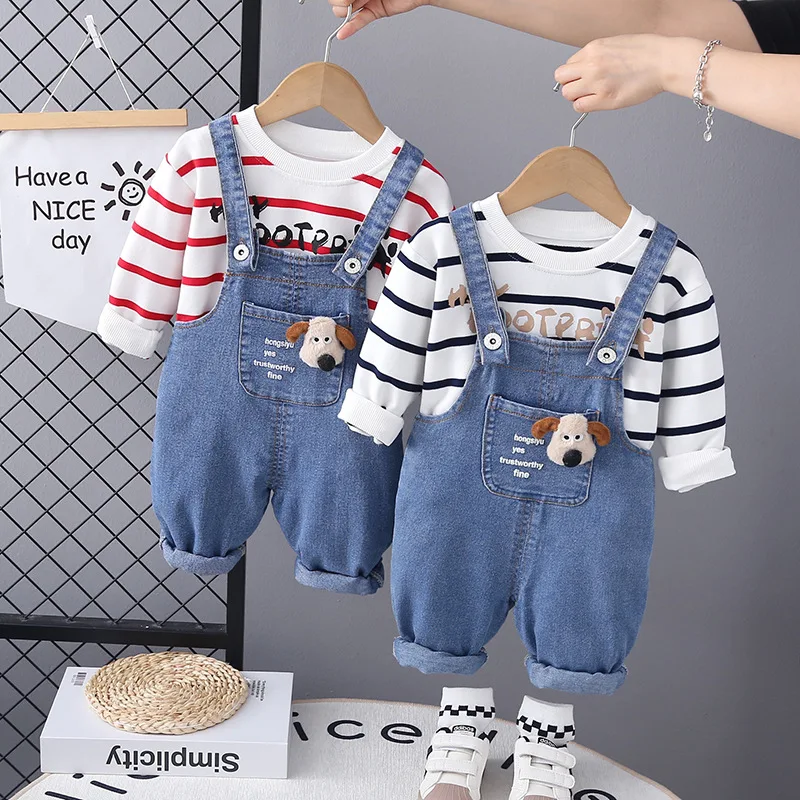 INS NEW Autumn Toddler Boys 2PCS Clothes Set Letter Striped Cotton Pullovers Denim Cartoon Overalls Suit Kids Boys Outfits