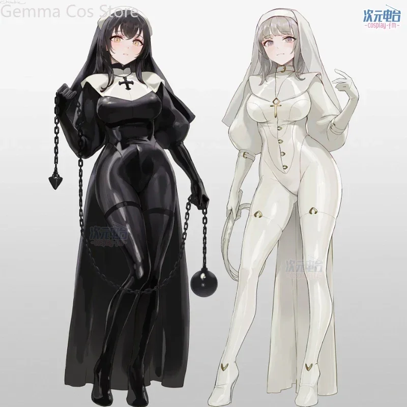 Anime oryginalny Design Chowbie zakonnica przebranie na karnawał zakonnica biały czarny PU skórzany kombinezon seksowne body kobiety zakonnica Cosplay