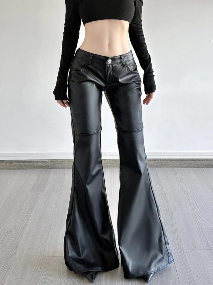 Solid Black Pants Women Y2k Clothes Low Waist Roupas Femininas PU Pantalones De Mujer Pockets Trousers Korean Style Streetwear