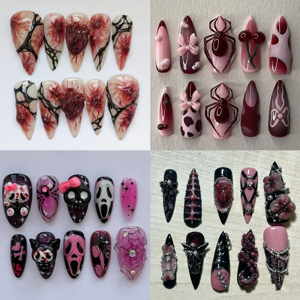 

Gothic Spice Girl Style Heart Spider Handmade Long Stiletto Fake Nails Metal Texture Flowers Teeth Eyes Bowknot Press On Nails