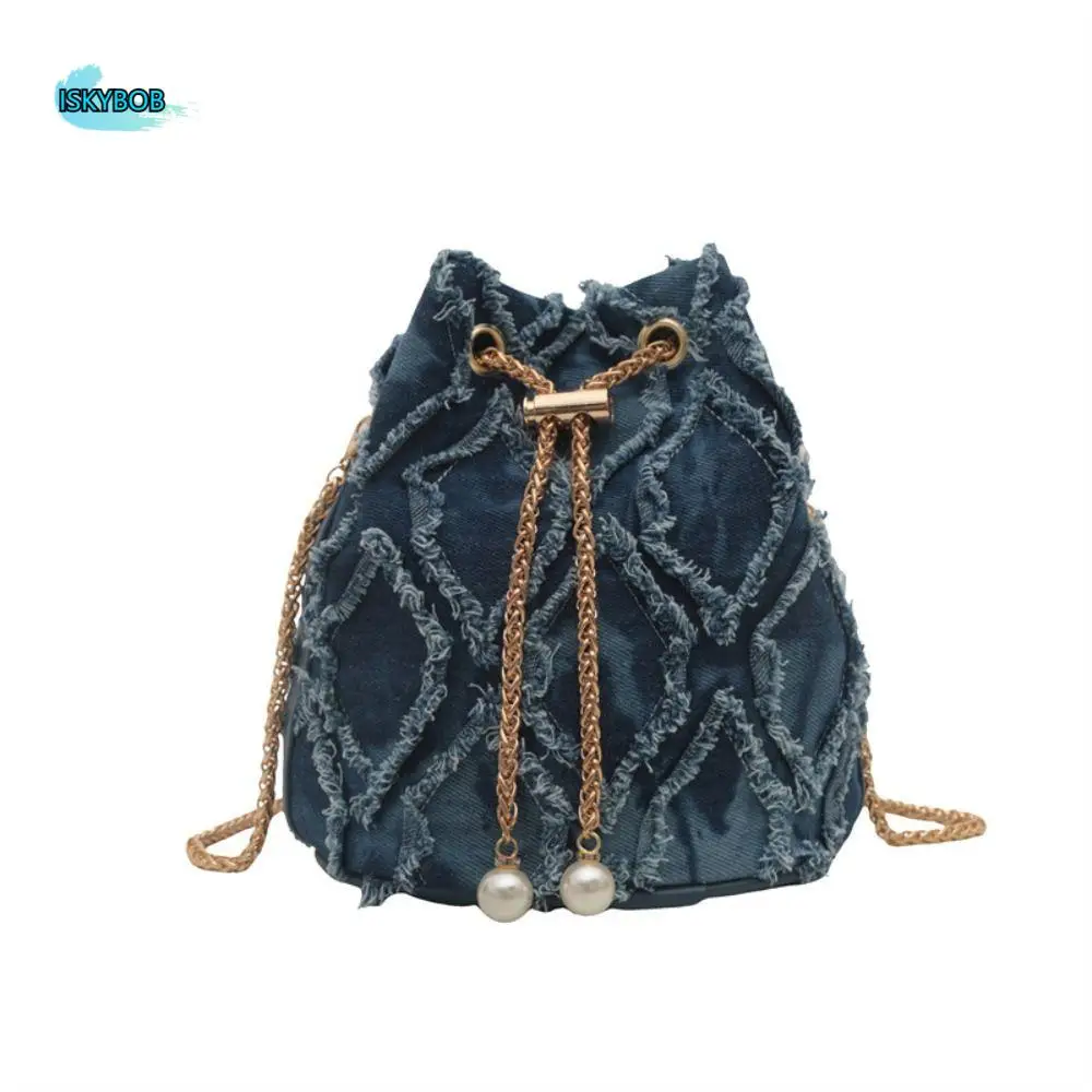 

Портативная джинсовая сумка-ведро с жемчугом, сумка-цепочка с кисточками, джинсовая сумка через плечо, маленький кошелек в корейском стиле, тканевая сумка на плечо, свадебная сумка
