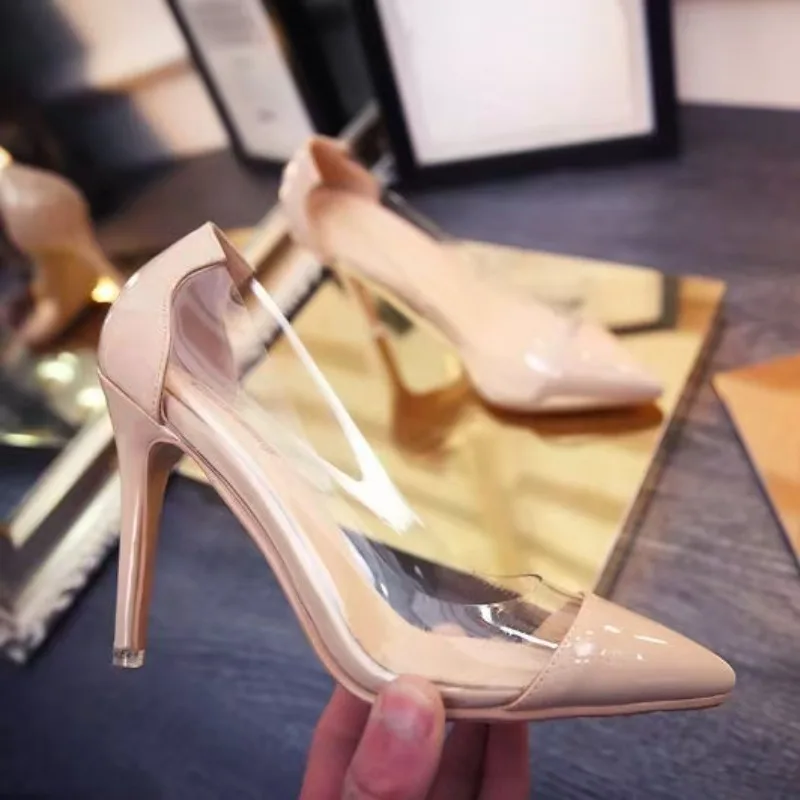 

2025 Brand Designer Women's High Heels PVC Pointed Sexy Transparent Heels Party Shoes Ladies Fine Heel Sandals Spring Summer