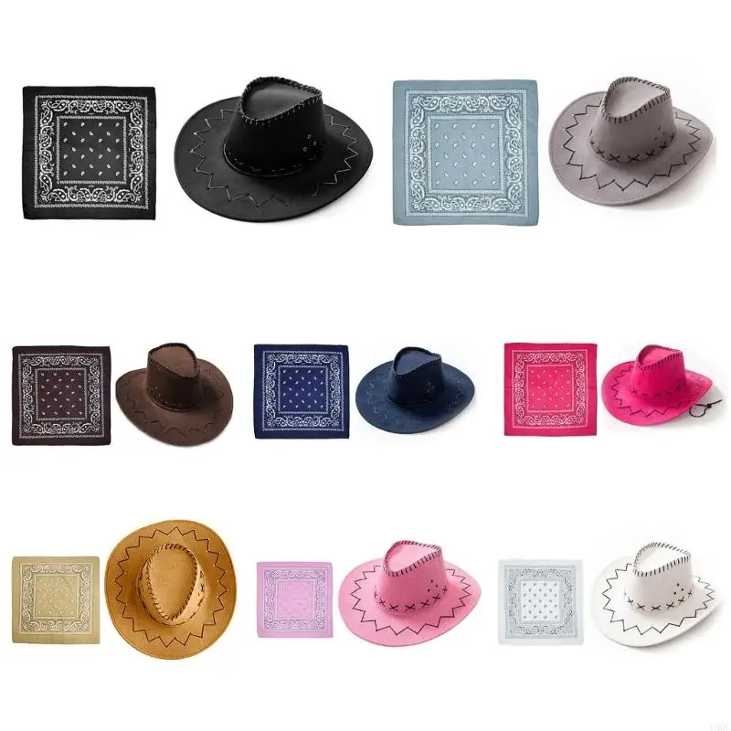 

Y5GC Female Wide Brim Hat Cowgirl Neck Scarf Music Festival Costume Suit Party Hats