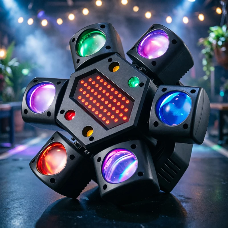 

2026 New 80W RGB LED Beam Moving Head Light Mini Six Arm Stage Rotating Effect Lights Remote Controller DJ Disco Party Lamp