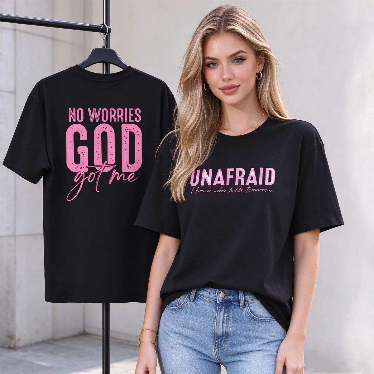 Inspirational Christian T-Shirt Unafraid I Know Who Holds Tomorrow No Worries God Got Me Pink Distressed Letter Women's Tees
