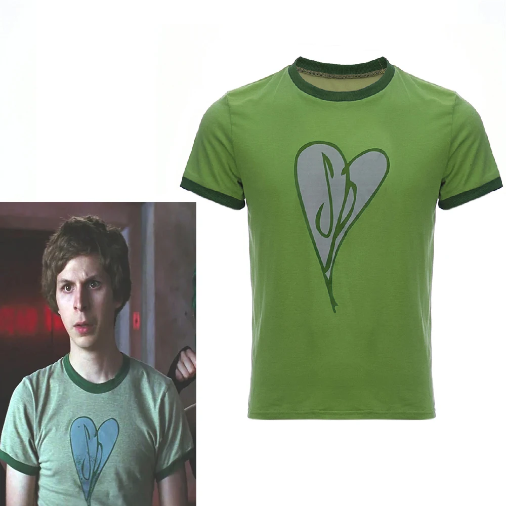 Movie Series Scott Pilgrim Cosplay Costume Men's Green Heart Printed T-Shirt Minimalist Casual Short Sleeve Top