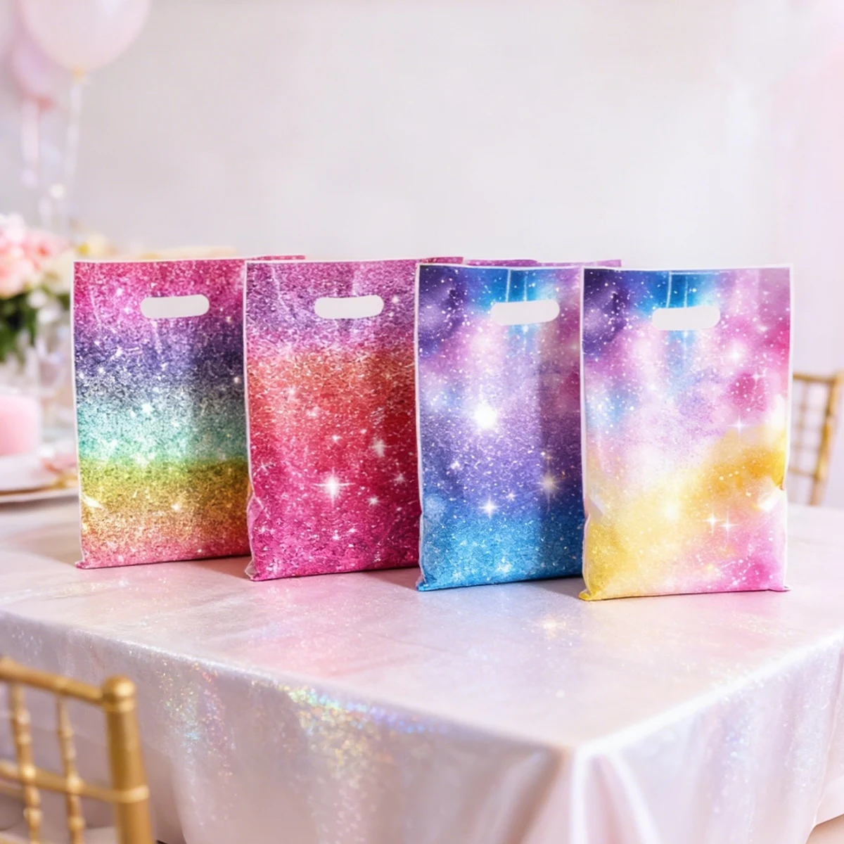 10/20/50 Stück Geschenktüten aus Kunststoff mit Farbverlauf und Glitzer, bunte Sternenhimmel-Geschenktüten für Geburtstagsfeier-Dekoration, Hochzeitsgeschenkverpackung – Detail 7