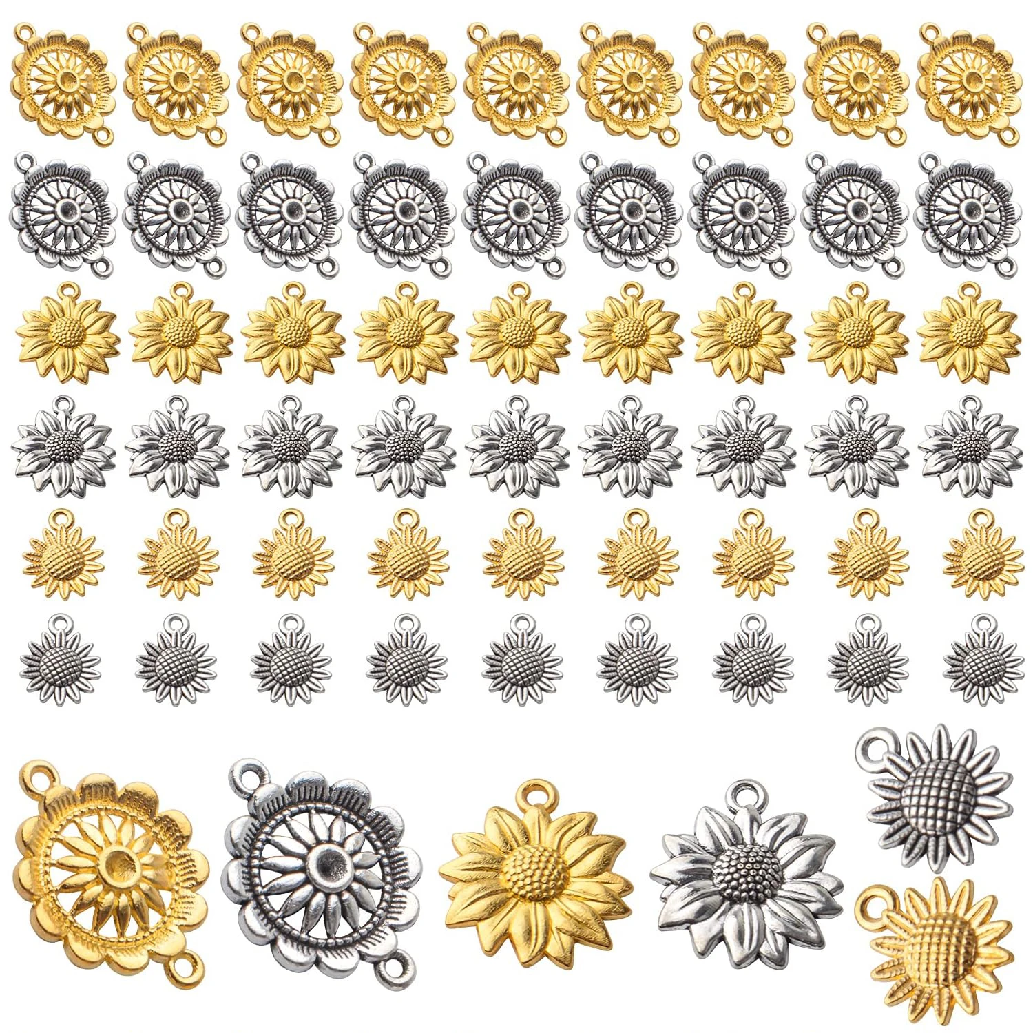 

60 шт. винтажных подвесок-шармов в виде подсолнухов из сплава, соединительные элементы для рукоделия: серег, ожерелий, браслетов