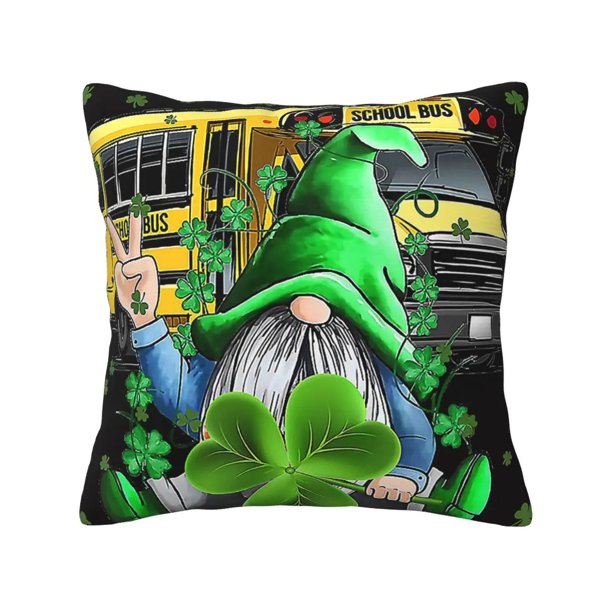 Green Gnomes Bus School Driver Shamrock St Patricks Day Pillowcase Soft Cushion Cover Gift Pillow Case Cover for Home Printed