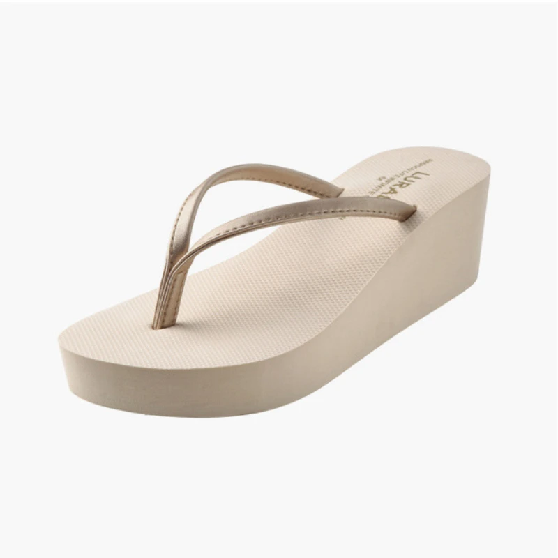 Korean Version of High-heeled Women Flip-flops Summer Outdoor Thick-soled Elegant PU Ribbon Non-slip Beach Slippers Height 6.5cm