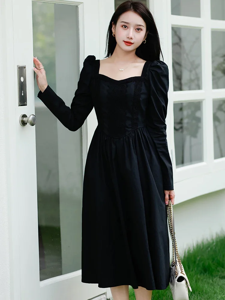 Women Korean Vintage Hebpurn Prom Dress Autumn Winter Black Patchwork Lace Sqaure Collar Dress 2025 Elegant Luxury Evening Dress